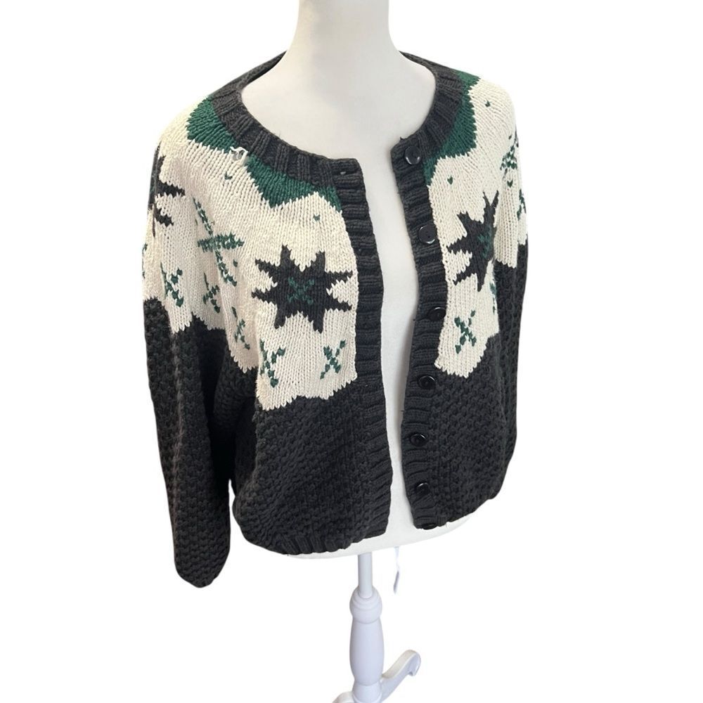 Vintage L.L. Bean Snowflake Fair Isle Cotton Knit Cardigan Sweater M - Picture 4 of 6